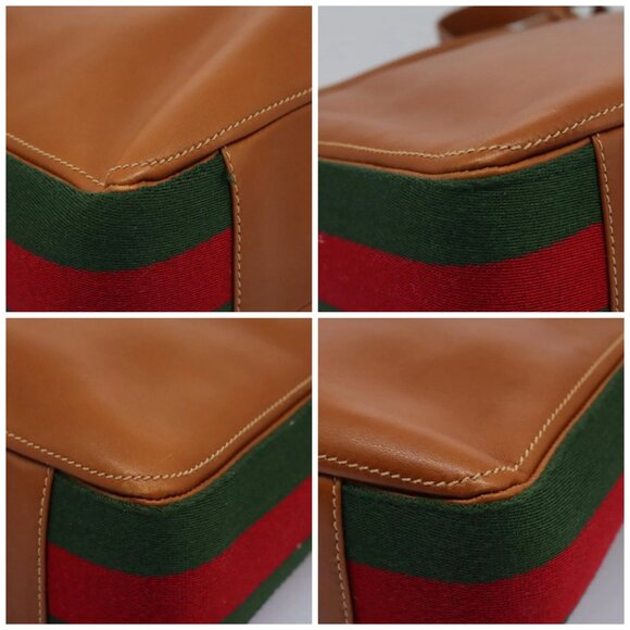 GUCCI Web Sherry Line Shoulder Bag Leather Brown Red Green Auth - Picture 15 of 15
